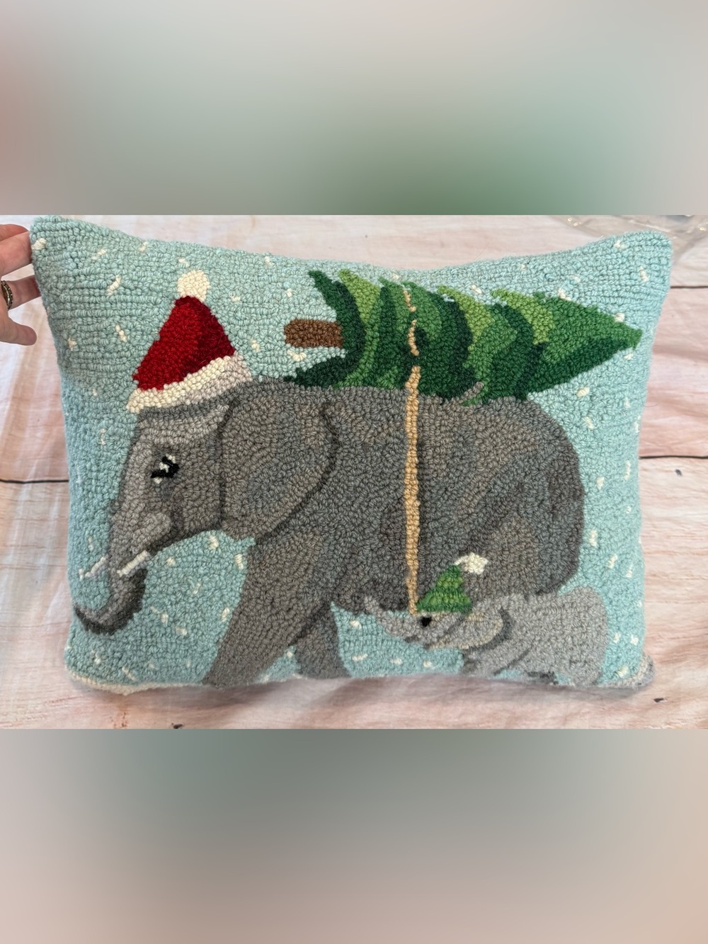 Grandin Road Hooked Wool Pillow Elephant Christmas Santa Hat Green 18x14 Tree